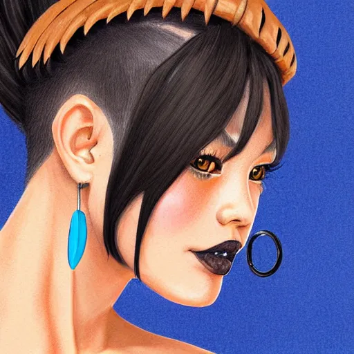 Image similar to illustrated realistic portrait of swept-back prong-horned devil woman with blue bob hairstyle and her tan colored skin and with solid black eyes wearing leather by rossdraws