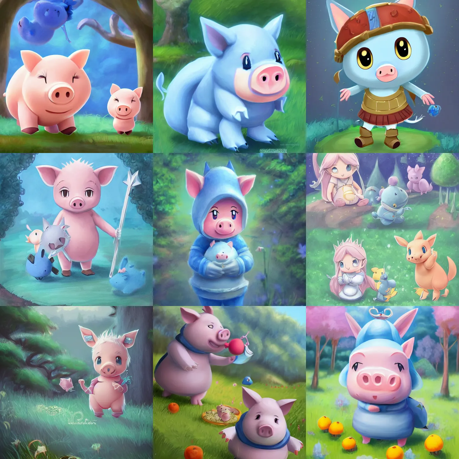 Prompt: very cute and adorable little piggy knight, big beautiful blue eyes, piglet, fantasy forest landscape, lake, pale blue outfit, Behance, Pokemon, jrpg, rpg, Artstation, trending on artstation, peach and goma style, milk and mocha style, art of silverfox, Yee Chong Silverfox, Sydney Hanson, Sofya Emelenko, Elina Karimova