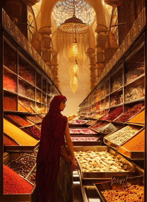 Prompt: a young arabian lady shopping at a desert spice market at night, shiny, fantasy, intricate, elegant, hyper detailed, ultra definition, photoreal, artstation, unreal engine rendered, concept art, smooth, sharp focus, illustration, art by artgerm and greg rutkowski and alphonse mucha and garis edelweiss