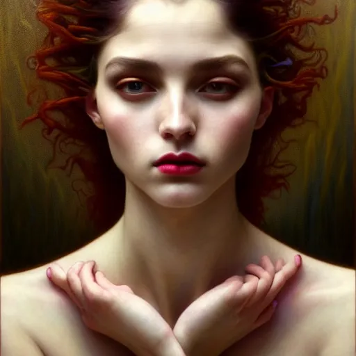 Image similar to portrait of a unique non-conventional young beauty, surreal, fantasy, intricate, elegant, dramatic lighting, emotionally evoking symbolic metaphor, highly detailed, lifelike, photorealistic, digital painting, artstation, concept art, smooth, sharp focus, illustration, art by John Collier and Krenz Cushart and Artem Demura and Alphonse Mucha and Albert Aublet