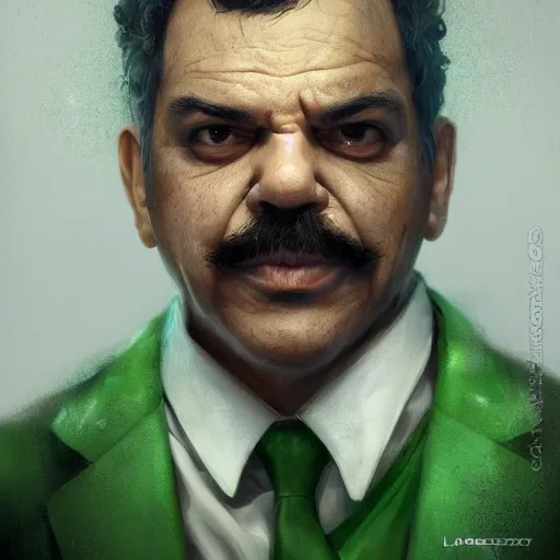 Prompt: hyper realistic portrait, beautifully rendered, luis guzman as luigi wearing green, smirking deviously, luigi, painted by greg rutkowski, wlop, artgerm, dishonored 2