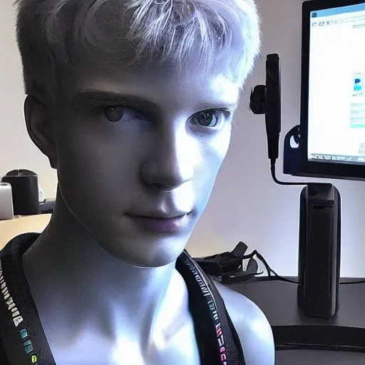 Prompt: “a realistic detailed photo of a guy who is an attractive humanoid who is half robot and half humanoid, who is a male android, twitch streamer Ninja Tyler Blevins, shiny skin, posing like a statue, blank stare, gaming tournament”