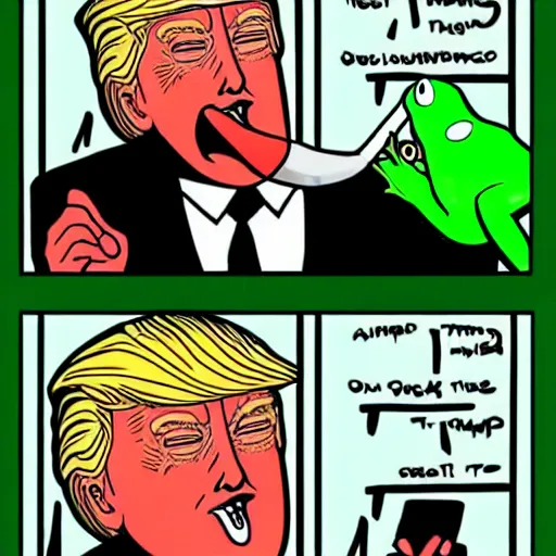 Image similar to donald trump licking a green frog in the matrix