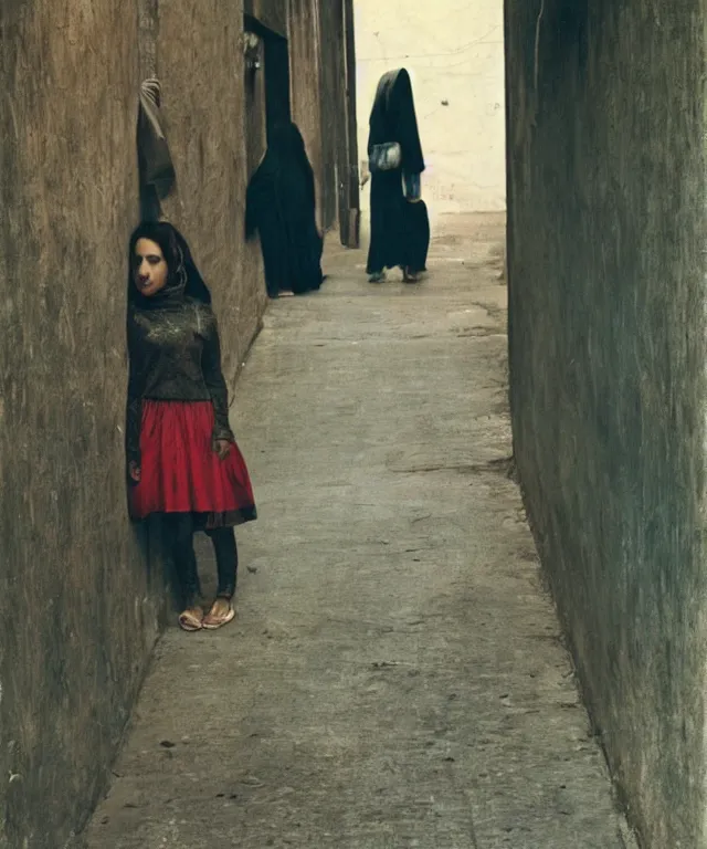 Prompt: a color photograph of persian girl in tehran's streets, by nan goldin, out of place, intense, bold, exaggerated, over proportion, painted over by andrew wyeth, hyperrealistic, ultra sharp, extra details, ultra high quality,