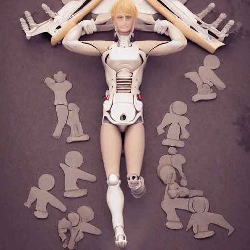 Prompt: full body shot of a beautiful blond girl with human face and cyborg body standing on a pile of sculls, cute - fine - face, pretty face, realistic shaded perfect face, fine details, 8 k, shallow depth of field, moody lighting, cinematic lighting,