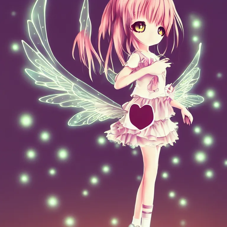 Prompt: cute, full body, female, anime style, a cat girl with fairy wings, large eyes, beautiful lighting, sharp focus, simple background, creative, heart effects, filters applied, symmetrical body