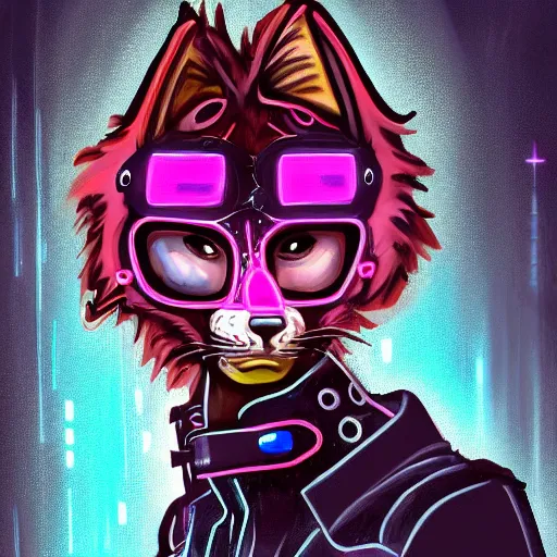 Image similar to digital painting of anthromorphic hyena female, fursona, furry fandom, neon rainy cyberpunk setting, anthro, wearing cyberpunk leather jacket, detailed face,