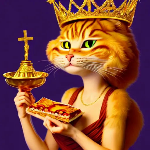 Image similar to fullbody!! personification of garfield the cat as a goddess holding lasagna wearing a crown of gleaming gems, stunning, hyperrealistic, trending on artstation, smooth and sharp, intricate, fine details, elegant, religious, dynamic pose, detailed and intricate environment, professional character concept art by tatyana kupriyanova and greg rutkowski and raymond swanland