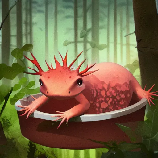 Image similar to axolotl sitting in a bucket with a forest background, award winning art, trending on artstation, digital art, painting, matte painting, render