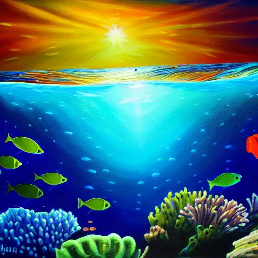 Image similar to i am at the bottom of the ocean looking up, see fishes swimming, the milk way up above, night time, midnight. highly detailed painting 8 k