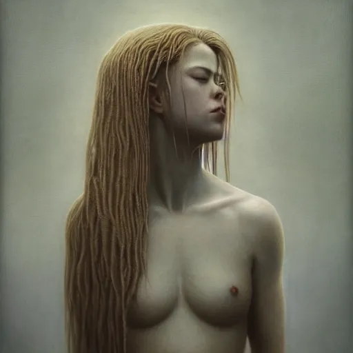 Image similar to Woman masterpiece, Avril Lavigne, lines, by Edgar Maxence and Ross Tran, Zdzisław Beksiński, and Michael Whelan, distant, gustav dore, H.R. Giger, 8k, octane render