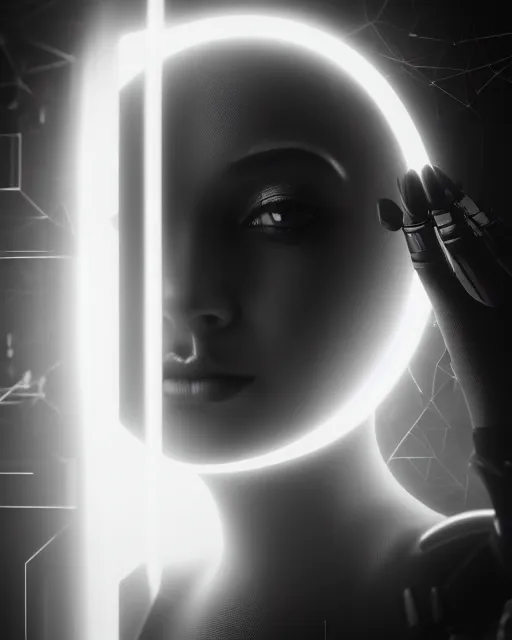 Prompt: black and white high quality photo of a beautiful futuristic female posthuman-cyborg looking into a sci-fi mirror, volumetric lighting, liminal space, brutalism, foggy, dreamy, hyperdetailed, bokeh, photorealistic, cinematic, masterpiece, Metropolis, elegant, dark, octane render, 8K, in the style of Dora Maar and Man Ray