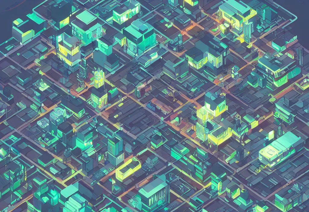 Prompt: a futuristic cityscape in isometric style, at night, deviantart, trending on artstation