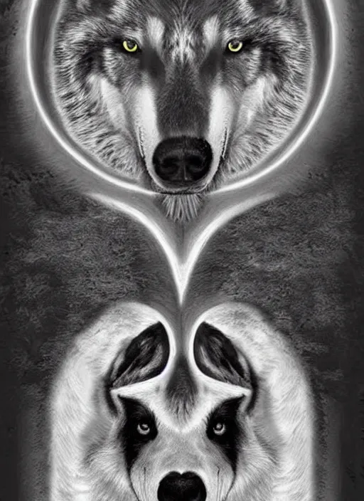 Image similar to a realistic black and white wolf in a yin yang symbol fantasy art, art by collin bogle