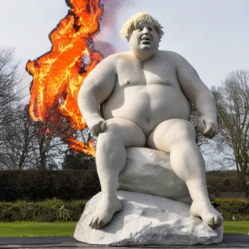 Image similar to a marble sculpture of a giant corpulent boris johnson standing astride the british isles on fire