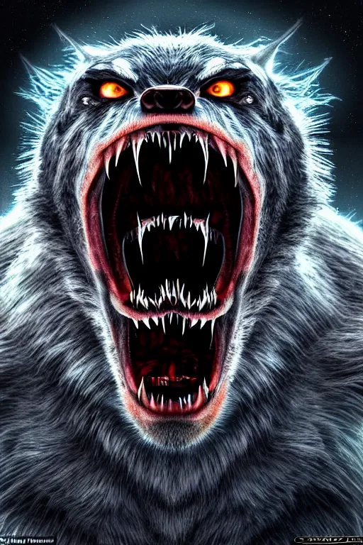 Image similar to a portrait of a scary snarling werewolf with sharp fangs and claws that is howling at the moon, highly detailed, digital photo, hdri, by christopher bretz and john carpenter, vivid colors, high contrast, 8 k resolution, intricate, photorealistic, smooth, psychedelic color scheme, concept art, award winning, cg society contest winner