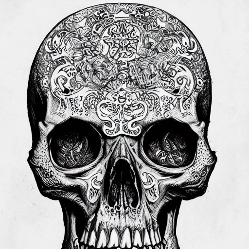 Prompt: Joe Fenton drawing of Psychedelic Skulls, medieval town, skulls, drawn by Joe Fenton, trending on artstation