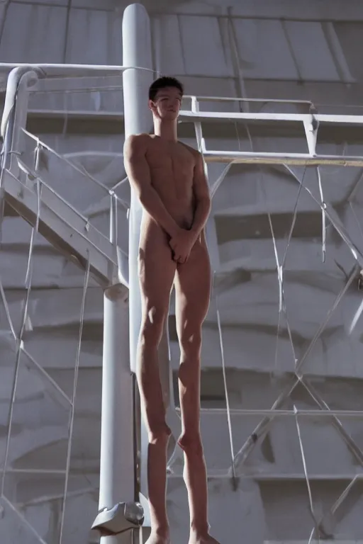 Prompt: close up still shot of jacob lofland standing on the diving board, summer olympics footage, 3 5 mm, highly detailed, color photo, dynamic lighting, subject centered in photo, octane render