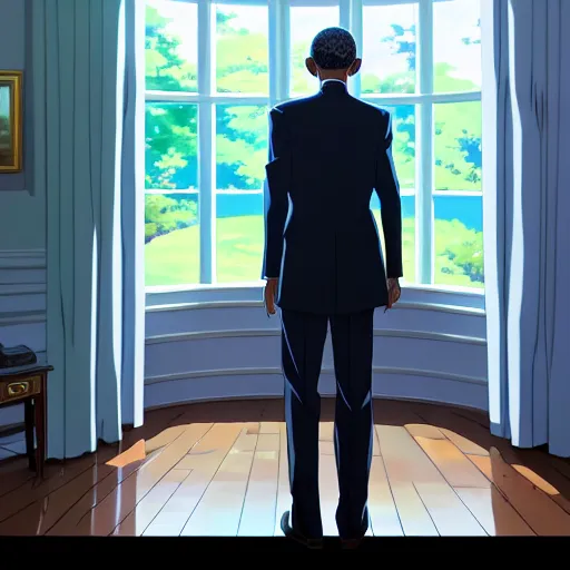 Image similar to beautiful makoto shinkai anime style digital painting portrait of barack obama in the white house, 4 k, 8 k, hd, high resolution, highly detailed, intricate detail, ultra realistic faces, digital art, trending on artstation, your name, weathering with you