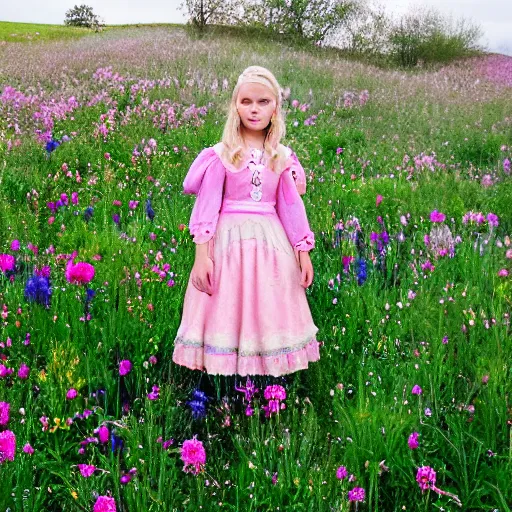 Image similar to A experimental art of a young girl with blonde hair, blue eyes, and a pink dress. She is standing in a meadow with flowers and trees. costume by Tom Roberts placid