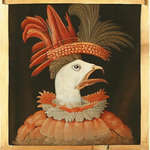 Image similar to a renaissance style portrait of a rooster (Gallus domesticus) wearing a crown and a cape, dark background