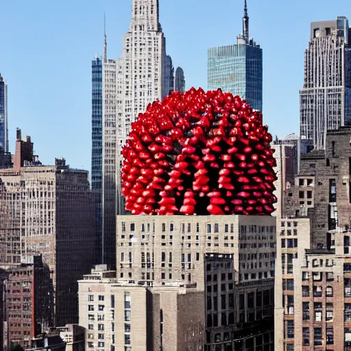 Prompt: a building of the shape of an amanita muscaria in the New York City skyline