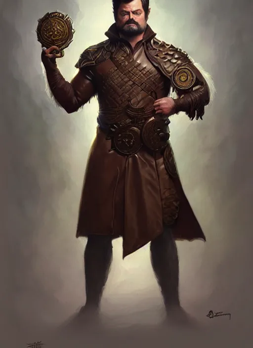 Image similar to portrait of nick offerman, d & d, leather robes, muscular, fantasy, intricate, elegant, highly detailed, digital painting, artstation, concept art, smooth, sharp focus, illustration, art by artgerm and greg rutkowski and alphonse mucha