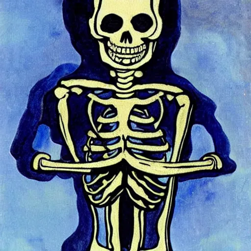 Prompt: smiling skeleton wearing puffy blue jacket, classic painting, detailed