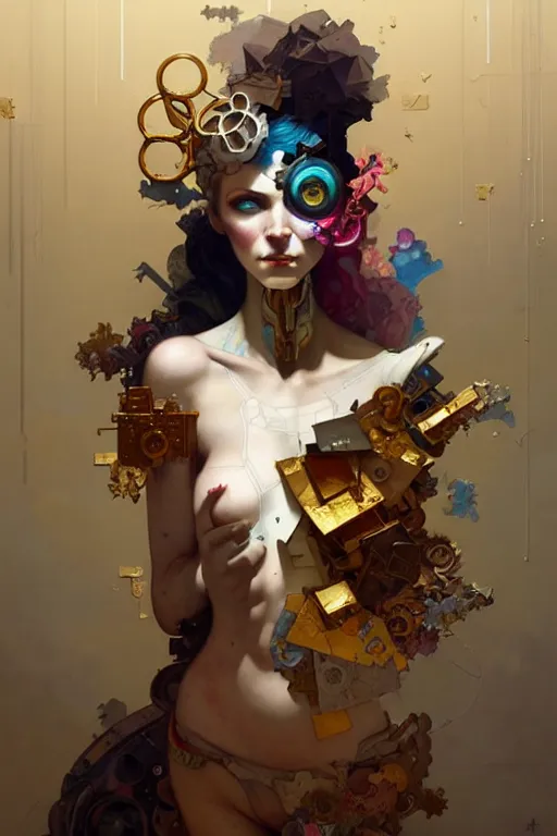 Prompt: portrait, patchwork doll, cyberpunk, elegant baroque, expressive, asymmetrical art, hyperrealism, colorful, vivid, imposing, epic, abstract texture, gold leaf texture, artstation, concept art, by peter mohrbacher and wlop and rhads and artgerm and magali villeneuve and alphonse mucha