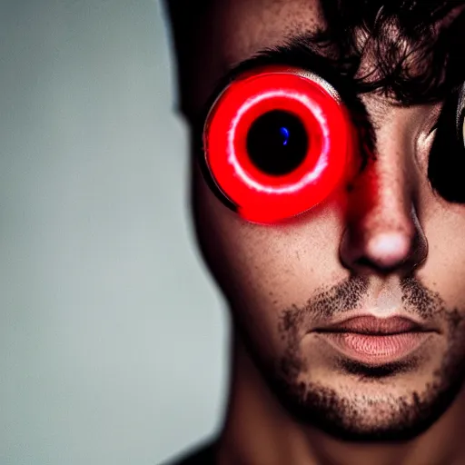 Image similar to profile photograph of a beautiful! male with red mechanical! eye dark background