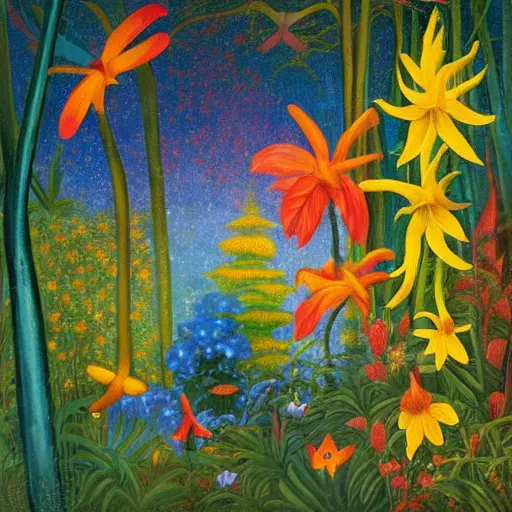 Image similar to an enchanted forest full of tropical flowers and fireflies, by agnes lawrence pelton