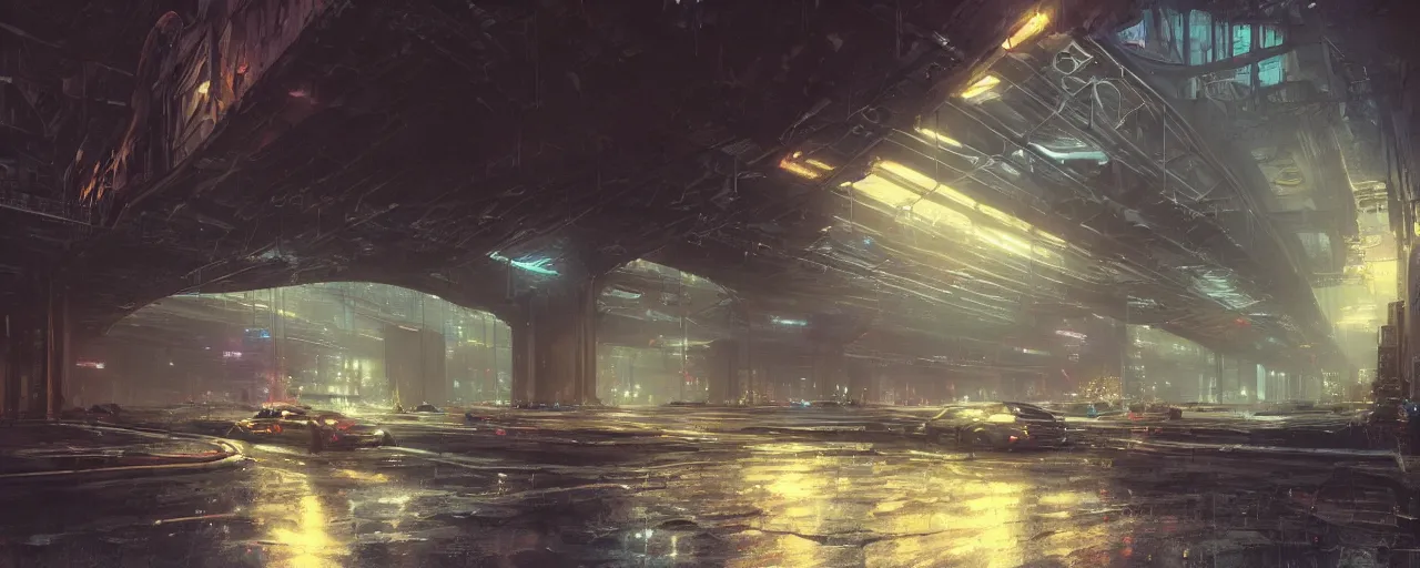 Image similar to under a highway bridge of a cyberpunk city, rain, night, flying shuttles, advertising pannels, rays of light, james gurney, greg rutkowski, unreal engine 5, artstation