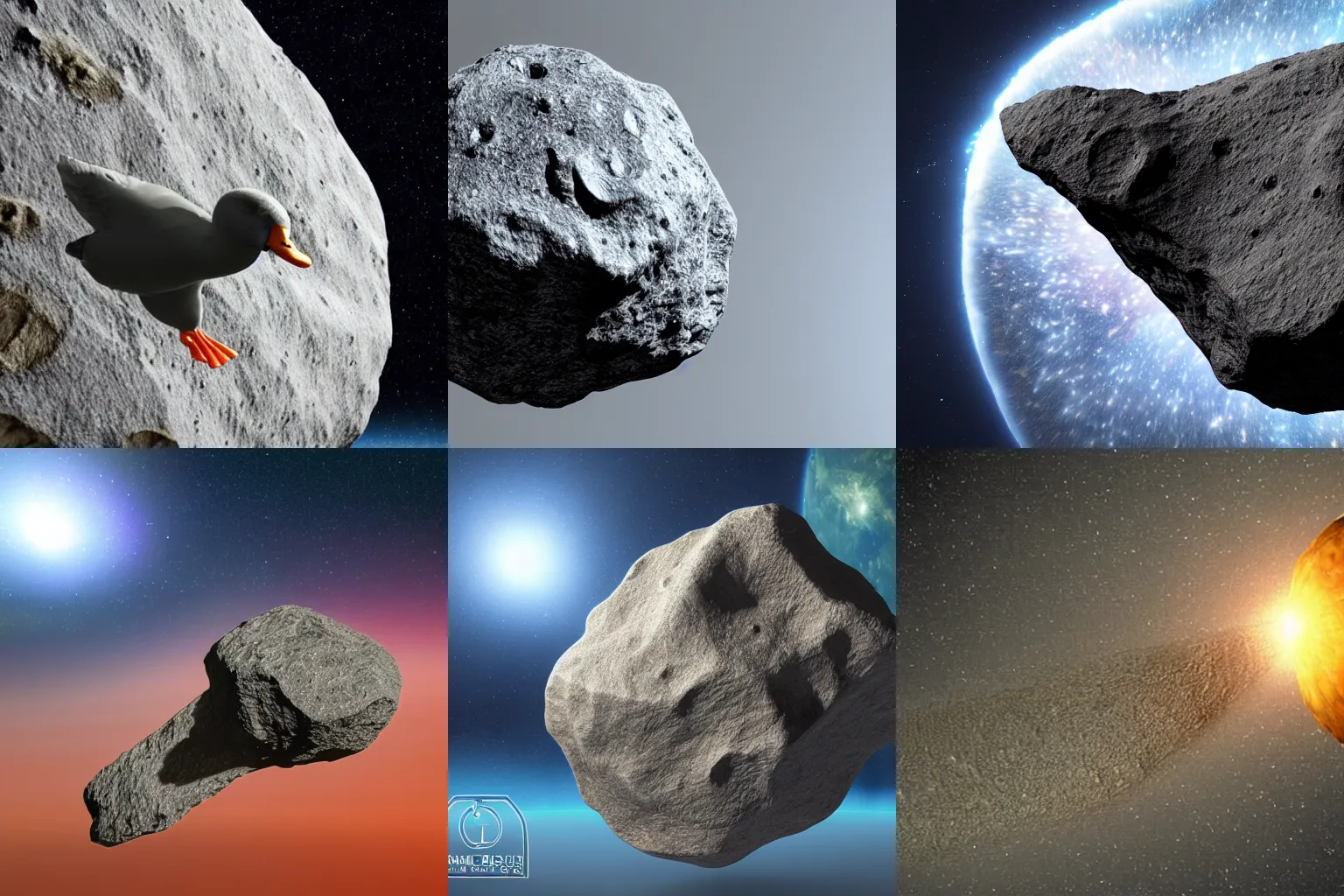 Prompt: a large asteroid in outer space in the shape of a duck, realistic 3 d render, dramatic