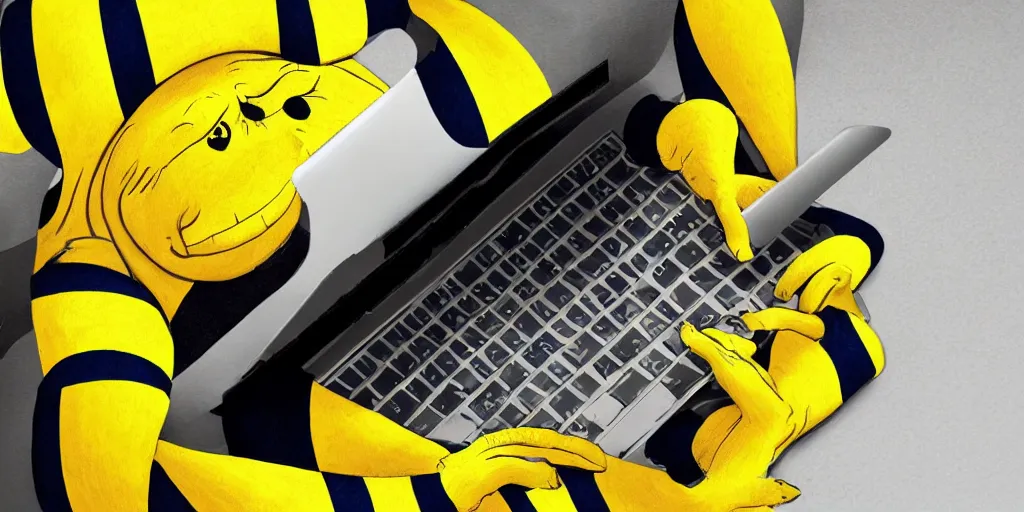 Image similar to a yellow striped monster in panic while working on a laptop