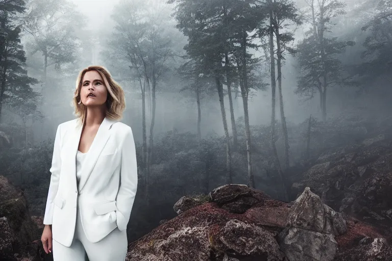 Image similar to a cinematic headshot portrait of a beautiful middle aged woman wearing futuristic white suit on the top of a mountain, overlooking a vast serene forest, large diffused light, neon light, 4 k, ultra realistic, dramatic lighting, rain, clouds, fog, vogue, fashion, glamour, magazine spread, by marco mazzoni and jessica rossier