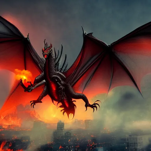 Prompt: horror dragon flying over a city, fire, lava, smoke, ethereal