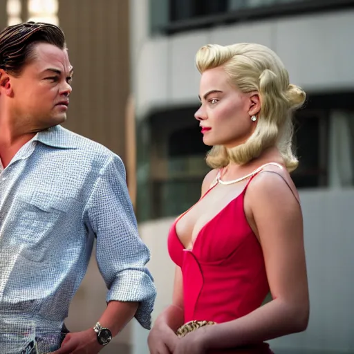 Prompt: leonardo dicaprio as the wolf of wall street next to margot robbie as naomi from the wolf of wall street, hyper realistic faces, cinematic, long shot, hyper detailed, 8 5 mm photograph, 8 k resolution, film still, sharp lens, wide lens