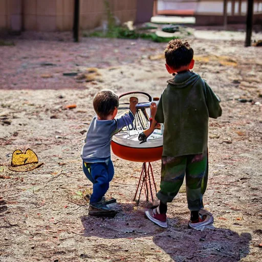 Prompt: kids playing with a nuclear bomb, dslr photo