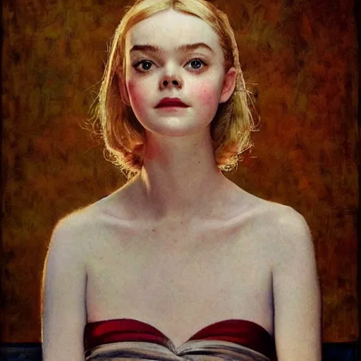 Prompt: elle fanning in prey picture by norman rockwell, asymmetrical, dark vibes, realistic painting, organic painting, matte painting, geometric shapes, hard edges, graffiti, street art : 2 by norman rockwell : 4