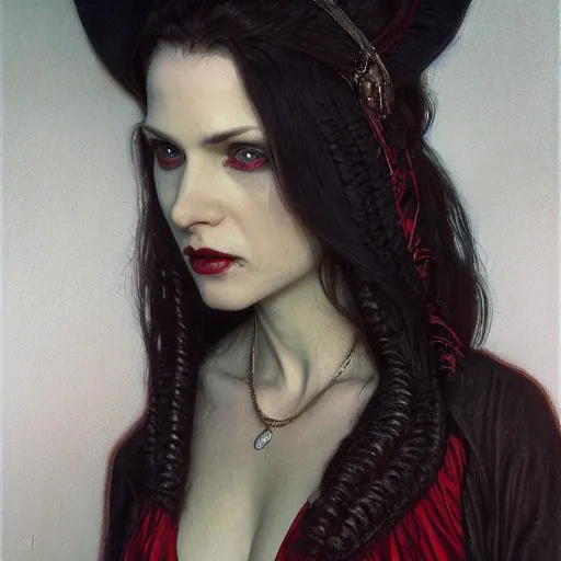 Prompt: portrait of a lady vampire, 35mm, depth of field, DOF, ominous, sharp, highly detailed, cinematic pose, photorealistic, realistic, unreal 5, high, definition, 8k, artstation, donato giancola, irwin penn, Alphonse Mucha