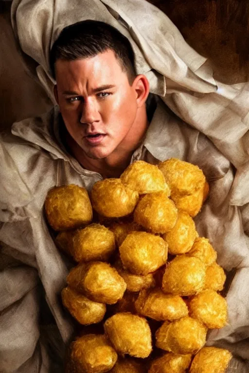 Image similar to channing tatum in a tater tot costume, oil on canvas, intricate, 8 k highly professionally detailed, hdr, cgsociety