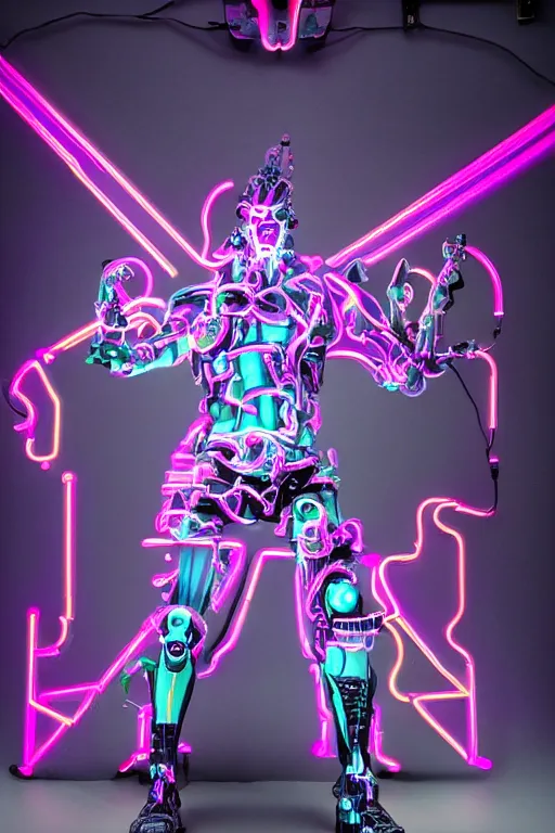 Image similar to full-body neon porcelain baroque cyberpunk style sculpture of a muscular handsome prince as a high-fashion half-robot wearing retro shades with a porcelain body, corrupted battery, leaking glowing neon radioactive liquid, electric sparks, glowing violet laser beam eyes, crown of giant crt monitors, flowing pink and orange neon-colored glitched silk, luminescent fabrics, mechanical raptors. baroque and steampunk elements. full-length view. baroque element. intricate artwork by caravaggio. Very very very very highly detailed epic photo of face. Trending on artstation, octane render, cinematic lighting from the right, hyper realism, octane render, 8k, depth of field, 3D