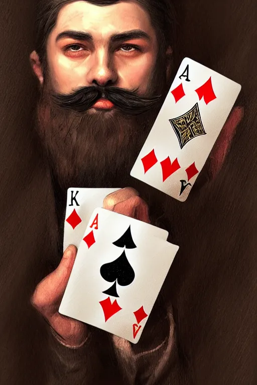 Prompt: lower chin bearded round face with no moustache, magician holding playing cards, realistic, modern, magicians eyes are covered with cloth, intricate, elegant, highly detailed, digital painting, artstation, concept art, addiction, chains, smooth, sharp focus, illustration, art by ilja repin