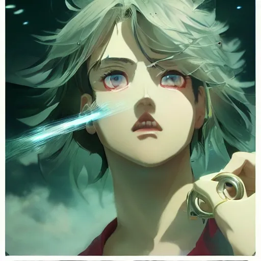 Image similar to insanely detailed. by wlop, ilya kuvshinov, krenz cushart, greg rutkowski, pixiv. zbrush sculpt, octane, maya, houdini, vfx. close - up gorgeous attractive cg anime male character with long hair, parted in the middle, with brilliant green glowing eyes. cinematic dramatic atmosphere, sharp focus, volumetric lighting.