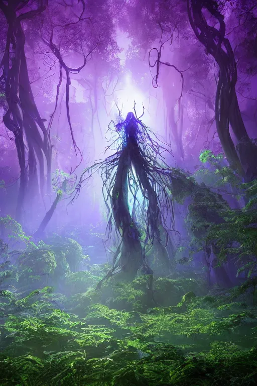 Prompt: a gigantic shaman figure within the purple forest as the sunlight breaks through the trees, neon blue cloak, smoke, smog, roots, mycelium, vines, ultradetailed, volumetric lighting, 4k UHD.