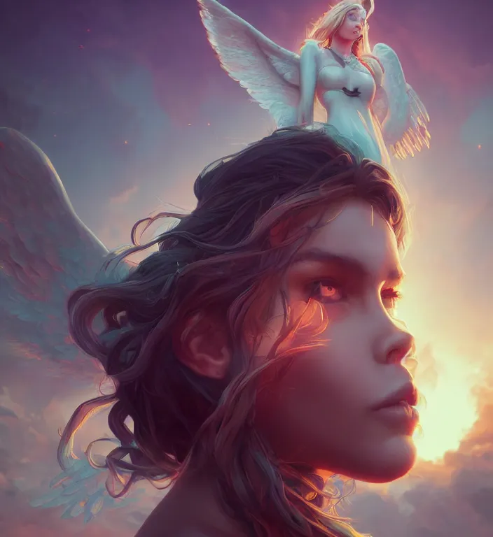 Prompt: centered waist up portrait photography an angel + bokeh + DOF + 8k, photorealistic + rendered in unreal engine + colors and composition by Peter Mohrbacher + line work by Dan Mumford , ultra realistic + backlit + strong rimlight, sunset,