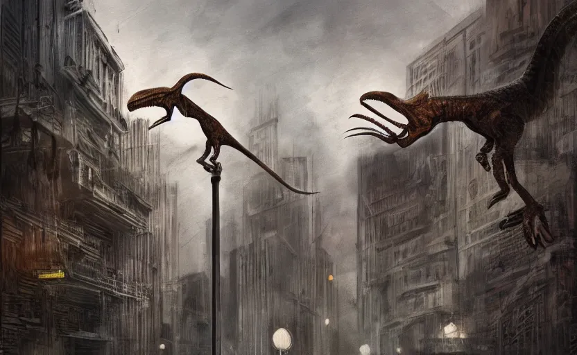 Image similar to An artwork of a velociraptor in a dystopian city, paleo art, brutalism, lamp post