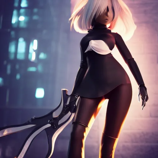 Prompt: photo of 2B nier automata wearing skintight clothes, bokeh, medium full shot, highly detailed skin and detailed face, flares, multicolor smoke