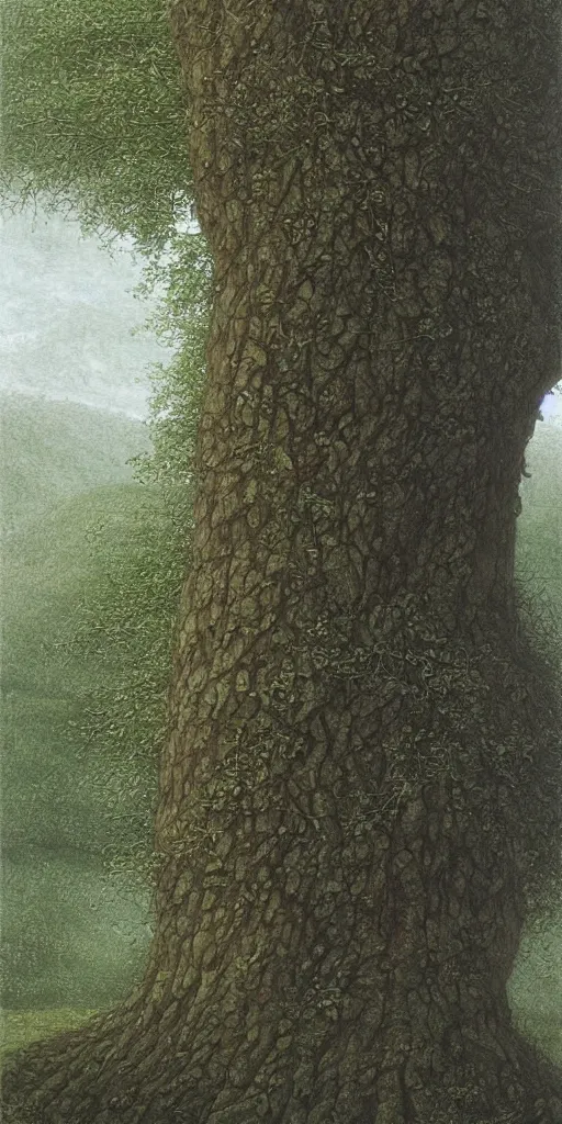 Image similar to artwork by john howe of a dibbess tree