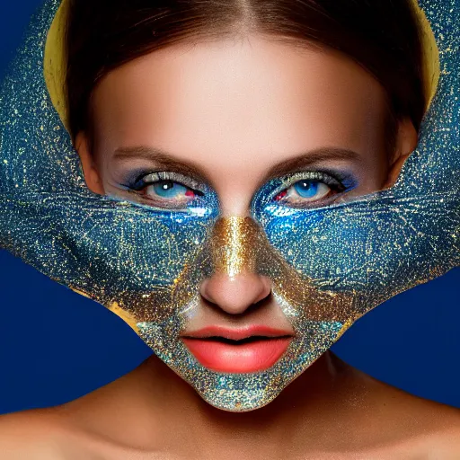 Prompt: portrait of a beautiful woman layered with futuristic high-tech jewelry wrapping around her face and head, golden-silver glow of moonlight with tiny blue, gold, and red gems scattered like dust, blue eyes wondering